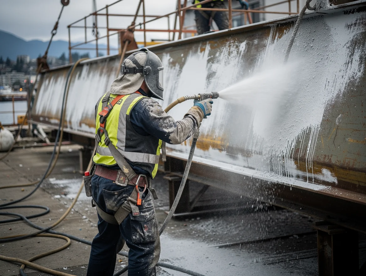 Vancouver Pro Sandblasting crew blasting steel on-site in Vancouver